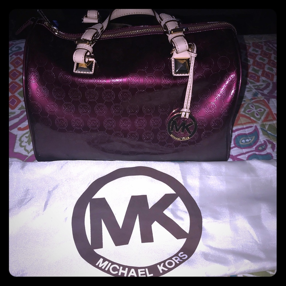 Michael Kors Metallic Plum Dome Satchel with Cream Handles